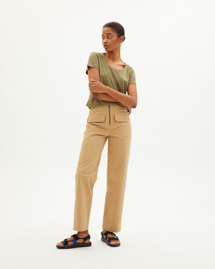 Thinking Mu - Kaki Hemp Regina T-shirt-Tops-WTS00284