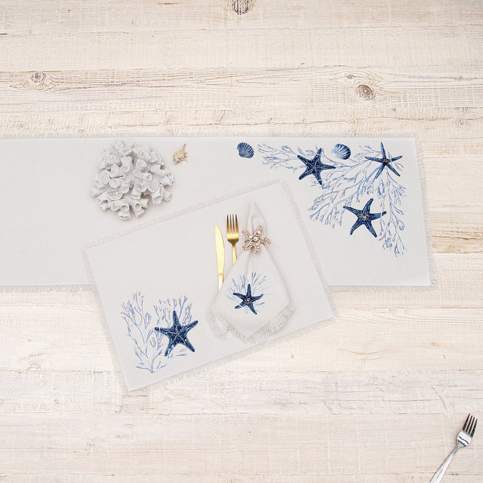 Tidal Treasures Table Linens table linens displayed as a coordinated tabletop setting.