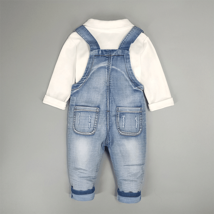 Toddler Washed White Polo Pocketed Overalls Set
