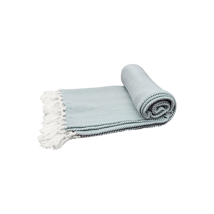 A rolled up green throw blanket with a herringbone pattern and white fringes on a light background.