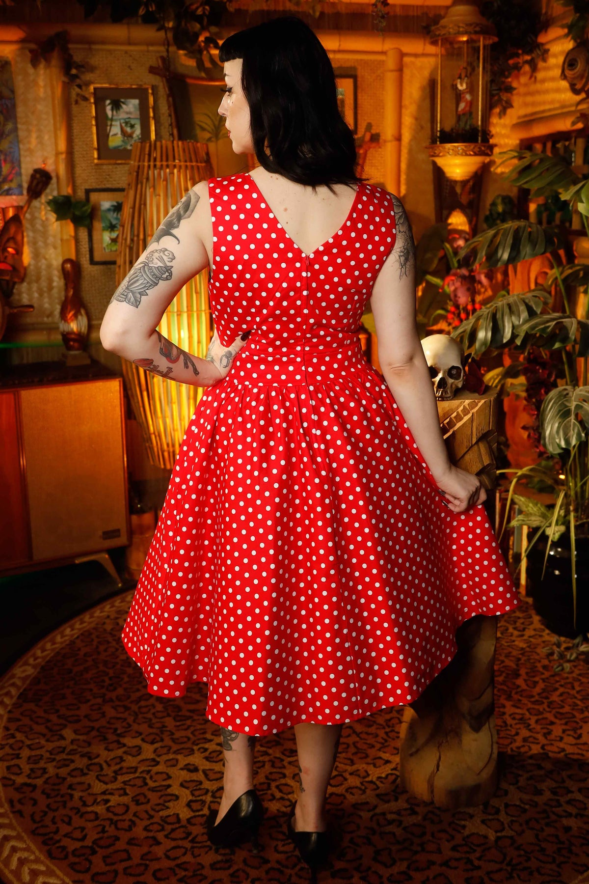 May V-neck 50s Style Swing Dress in Red Polka