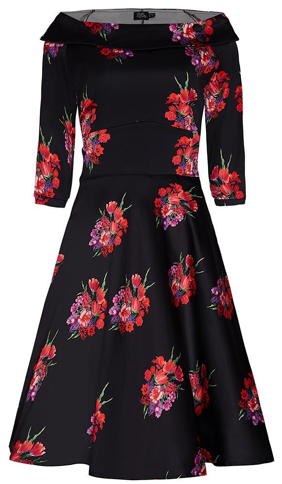 Deborah Long Sleeves Swing Dress in Black with Pink Flowers