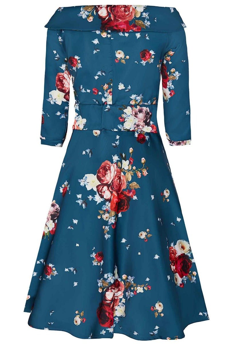 Deborah Long Sleeves Swing Tea Dress Teal Blue Red & Pink Roses