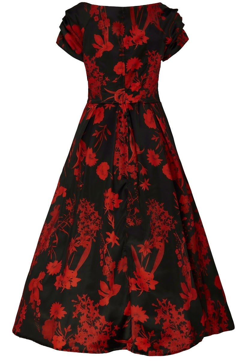 Lily Off Shoulder 50s Flower Print Evening Dress in Black and Red