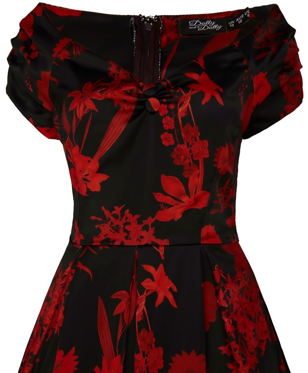 Lily Off Shoulder 50s Flower Print Evening Dress in Black and Red
