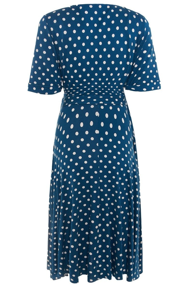 Matilda Retro Wrap Dress in Blue-White Polka dot