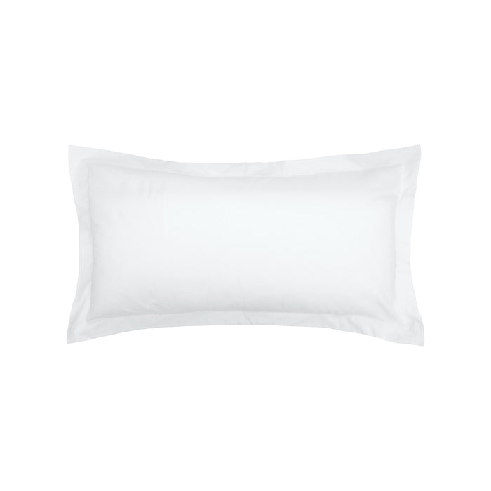 A king-size pillow covered in a crisp white cotton sham with hemstitching.